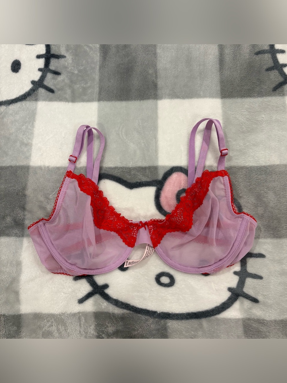 Victoria's Secret Tease Pink Red Lace Sheer Unlined Bra 34C Y2K